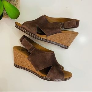 Clarks Leather Wedge Cork Sling Peep Toe 8.5